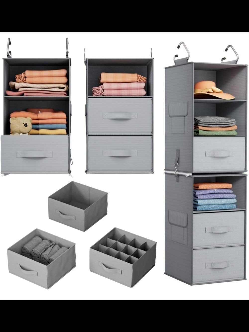 Gray Hanging Closet Organizer with Drawers and Fabric Bins